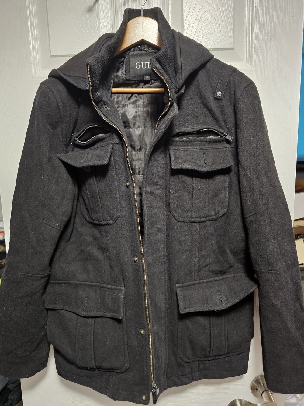 GUESS Four Pocket Wool Hooded Lined Jacket Coat Black Winter Men's Size Medium M